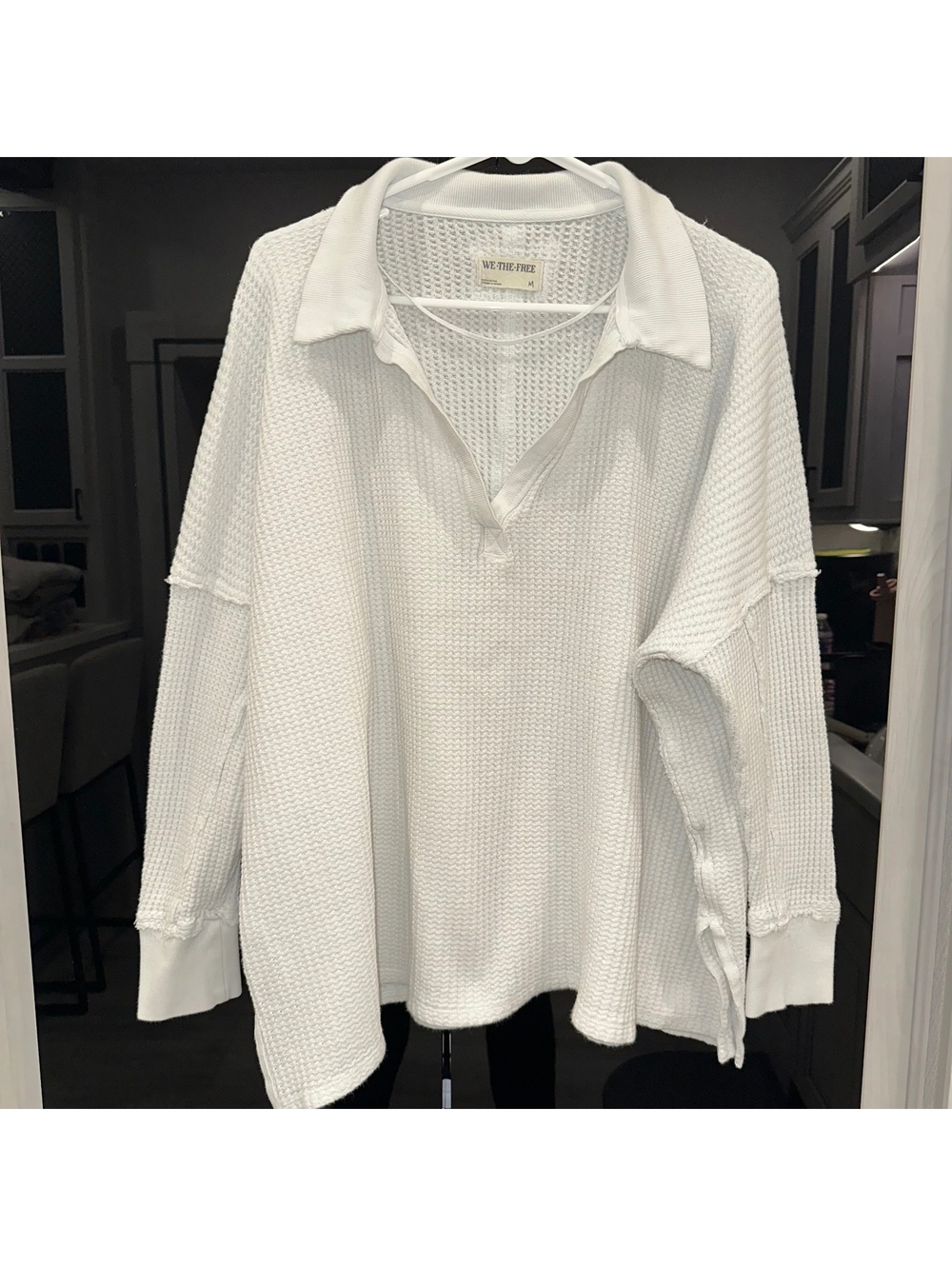 We The Free White Waffle Knit Long Sleeve Polo Shirt Size M